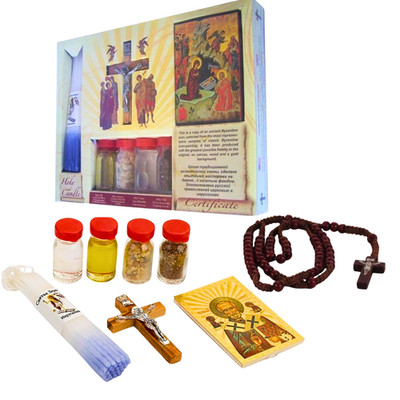Religious Samples Set with Certificate, Olive Wood Crucifix, 33 Candles and Icon