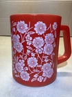 Vintage Federal Glass USA Heat Proof Red Milk Glass Mug w-White Floral Pattern