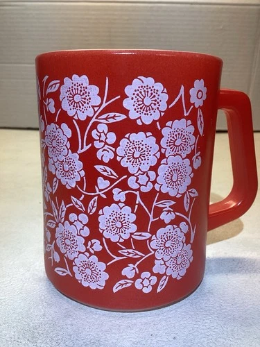 Vintage Federal Glass USA Heat Proof Red Milk Glass Mug w-White Floral Pattern