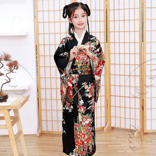 New Japanese Childrens Girls Red with Flower Prints Long Kimono Outfit gjk2 - Picture 8 of 8