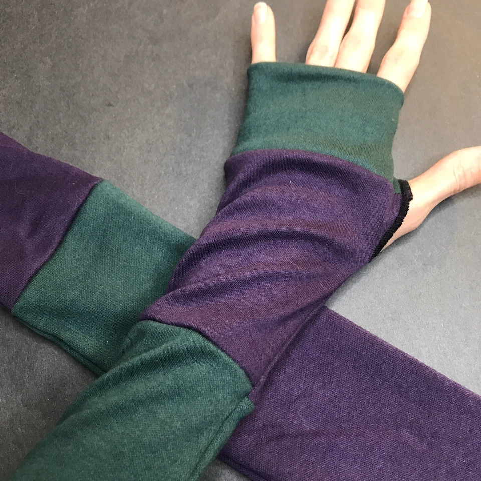 Long Striped Gloves Purple Hand Warmers Green Armwarmers Patchwork Sleeves Warm - Image 3 of 4
