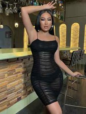 Sexy Black Spaghetti Strap Mesh Bodycon Pencil Dress See Through Clubwear Party