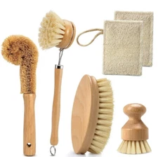 NEW Natural Kitchen Cleaning Brush Set 6 Piece Wooden Brush with Loofah MASTHOME