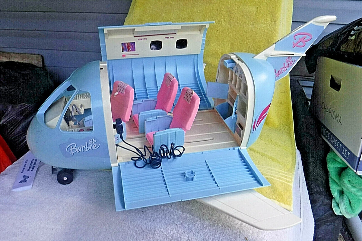 VINTAGE BLUE BARBIE AIRPLANE W/ 3 SEATS, MINOR ACCESORIES, A DOG