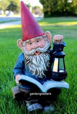 GARDEN STATUE READING GNOME, SOLAR GNOME WITH SOLAR LIGHT , SOLAR GNOME FIGURINE