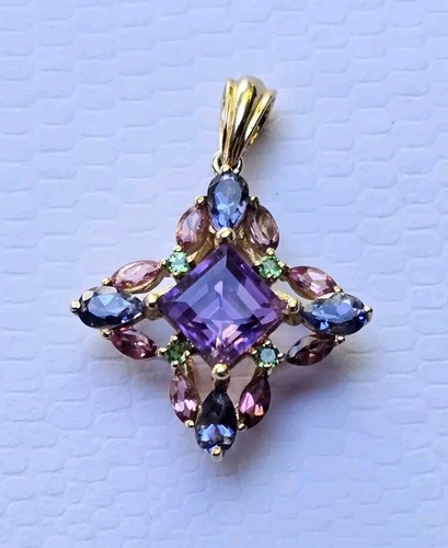 Pendant 10K Yellow Gold Starburst Kite Square Amethyst, Peridot, Iolite, Topaz - Picture 4 of 15