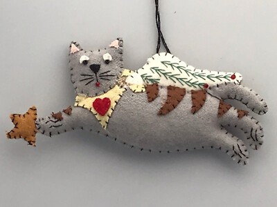 Stuffed Plush Felt Tabby Cat Christmas Tree Ornament Flying Angel w/ Star
