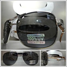 CLASSIC VINTAGE RETRO Style SUNGLASSES Square Silver Faux Wood Frame Dark Lens