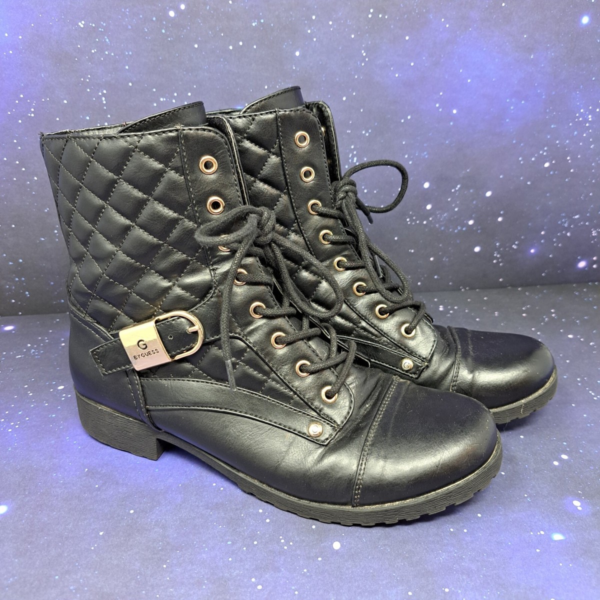 G By Guess Combat Boots Women Size M Black GGBYSON-T Quilted Zip