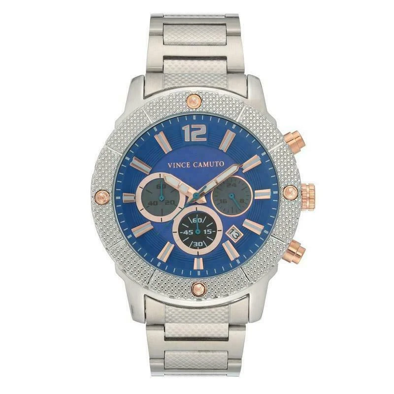 NEW VINCE CAMUTO SILVER TONE BLUE CHRONO DIAL ROSE GOLD ACCENT WATCH VC 1136BLS