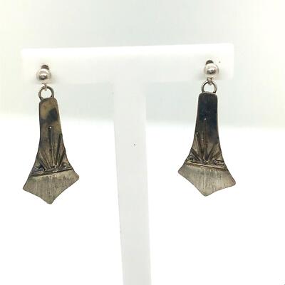 Vintage Signed Sterling Artisan Handmade Metal Works Sunrise Dangle Earrings