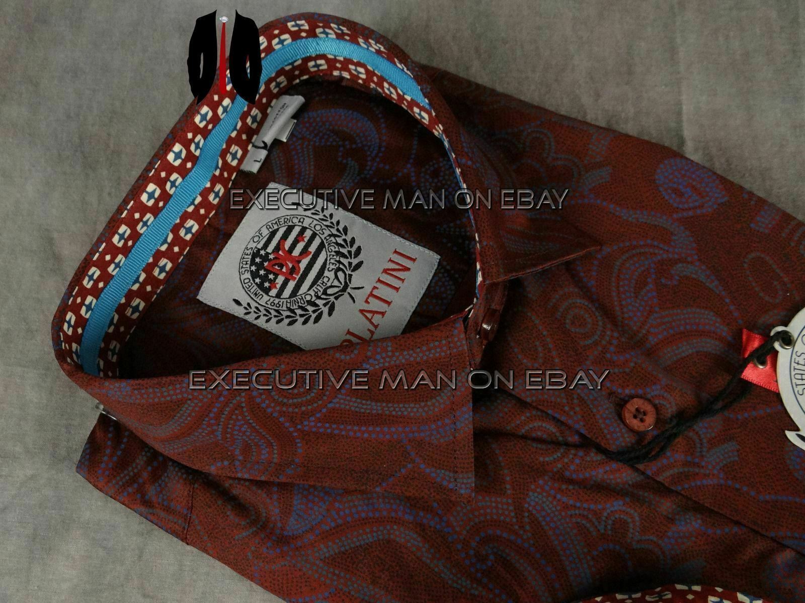 Mens Shirt Deep Burgundy Paisley Complementing Trim PLATINI Button Up Slim Fit