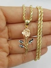 10k Trio Gold Rose Flower Charm Rope Chain Pendant 2.5mm 18 20 22 24 26 28 Inch 