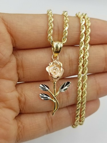 10k Trio Gold Rose Flower Charm Rope 