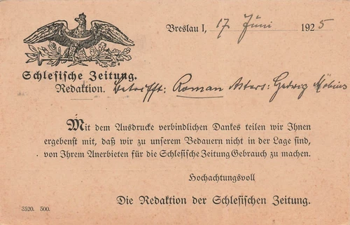 Postcard Wroclaw - editorial office Silesian newspaper - rejection of novelist - 1925