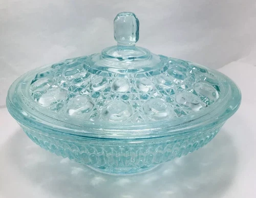 Indiana Glass Light Aqua Blue Depression Glass Candy Dish With Lid