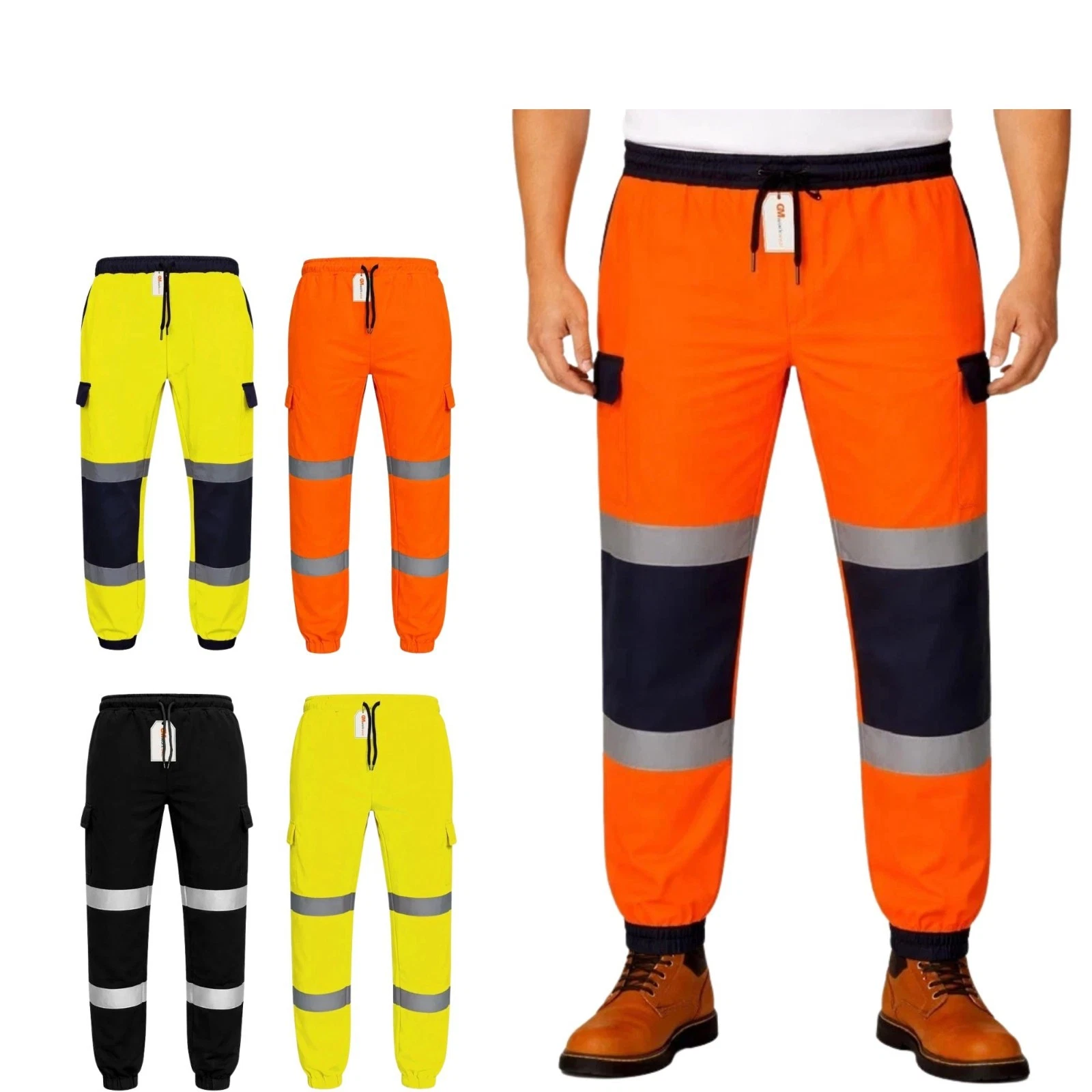 GM Hi Vis Cargo Joggers 300D Reinforced Knees Reflective Fleece Work Trousers UK