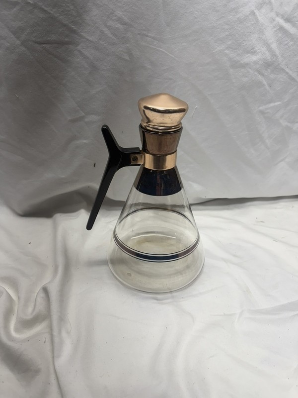 Vintage Mid-Century Glass Carafe Copper Top Coffee Juice Water Pitcher 
