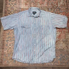 Vintage Woolrich Shirt Mens XL Button Up Blue Red Stripes Casual Shortsleeve 90s