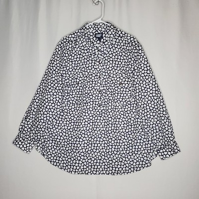 Lands End Button Shirt Women 3X Heart Print Blue White Collar Long Sleeve Pocket