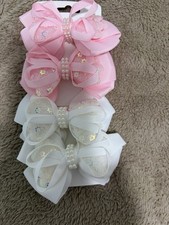 Set of 4 Girls Pink  White Ribbon Hair Bows w/ Pearls Glitter Floral, OS