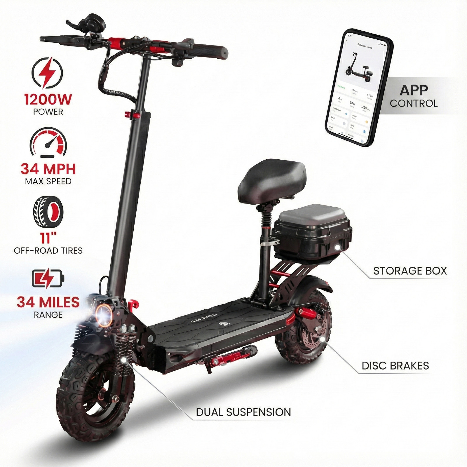 1200W Adult E-Scooter 25/34Mi Range, 34mph, 11" All-Terrain 