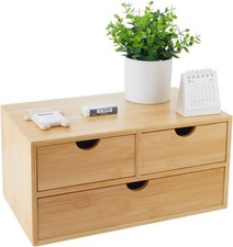 Image of Bamboo Desk Organizer 3 Drawers Makeup Storage Box Tabletop Office