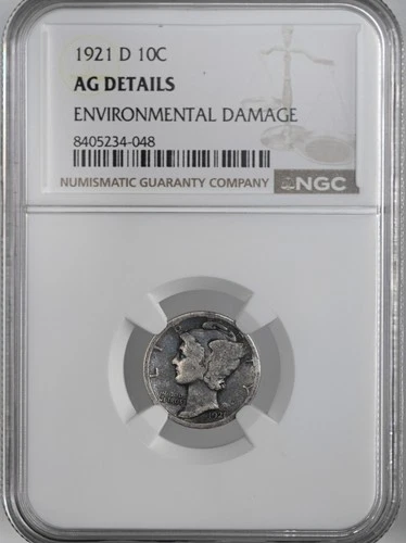 1921-D 10C MERCURY SILVER DIME DENVER  NGC AG DETAILS  "ENVIRO DMG" #8405234-048