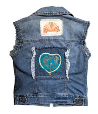 Upcycled Blue Denim Jean Vest Sz S Applique Hearts Patches Hippie Boho Festival