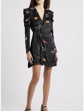 NWT FARM Rio Beaded Kisses wrap minidress in black, size medium.