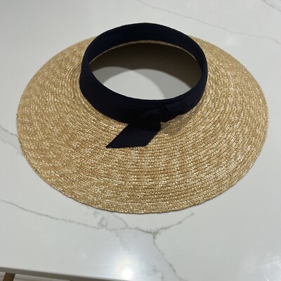 Pamela Munson Straw Open Hat Visor Womens Beach Bow Navy 