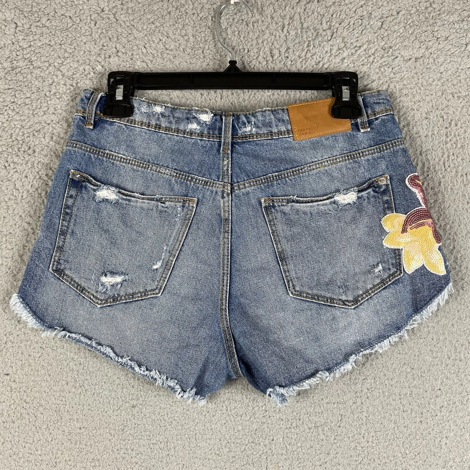 Pantalones Cortos Zara Jean Mujer Talla 2 Corte Envejecido Denim Lentejuelas Flores Botón Mosca Foto 2 de 4