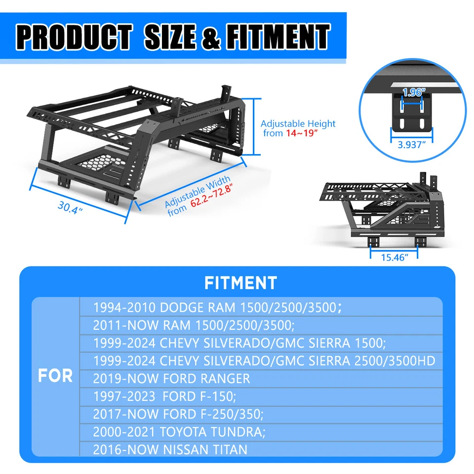 for 2011-2025 RAM 1500/2500/3500 Universal Sports Rack Roll Bar with Roof Rack — 第 3/4 张图片
