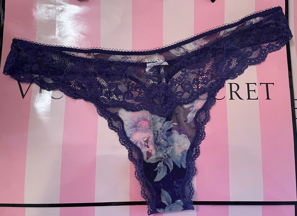 NWT VICTORIA S SECRET LARGE BLUE PINK FLORAL DOTTED MESH LACE RARE THONG PANTIES