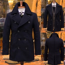 Navy Blue Men's Woolen Overcoat Thick Double-Breasted Long Jacket Coat Tailored