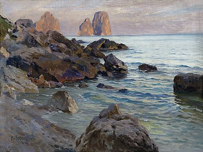 Seascape Sea Rocks in Capri P. Spaun Tile Mural Wall Backsplash Marble Ceramic