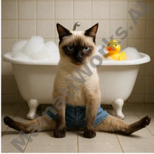Siamese Cat Bath Art | AI Denim Shorts Humor Print | Digital Download Poster