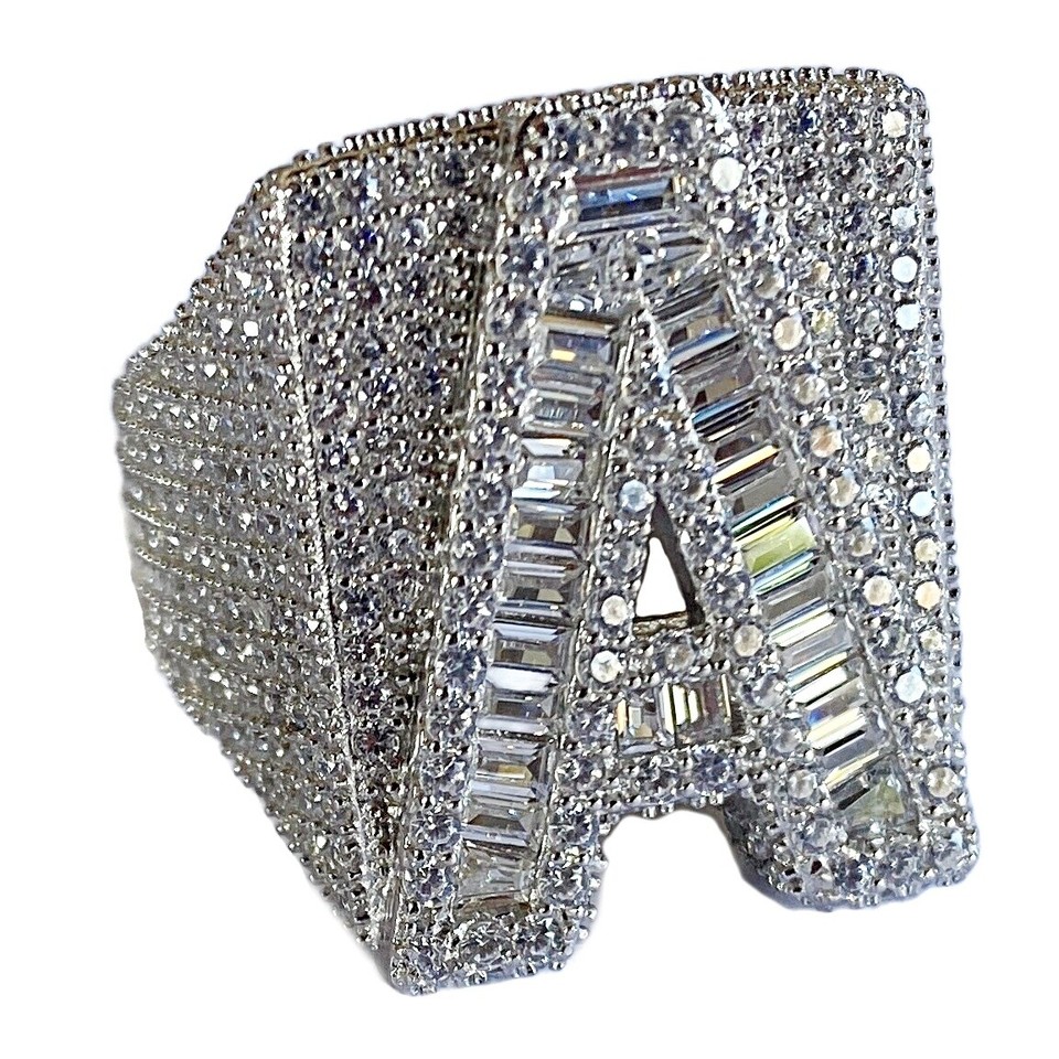925 Sterling Silver Initial Block Letters Iced Baguette Flooded Out CZ ...
