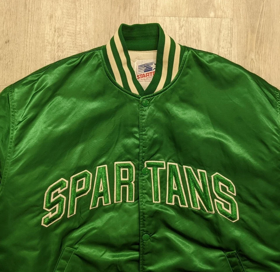 Vintage Michigan State Spartans Starter Satin Bomber Jacket Quilted Size XL USA - Image 2 of 4