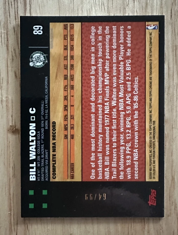 2007-08 Bill Walton Topps Chrome White Refractor /99 #89 - Boston Celtics HOF - Image 2 of 3