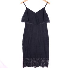 Guess Lace Overlay Bodycon Midi Dress Womens Small Black Ruffle Spaghetti Strap