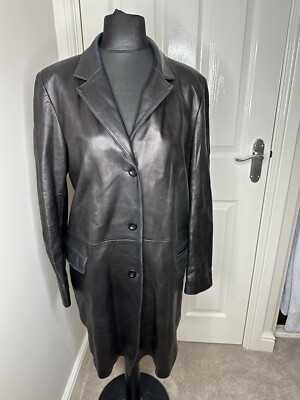 Jigsaw Women Genuine Black Leather Mid Length Coat Jacket Size