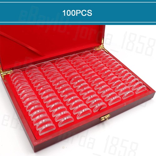 100PCS Coin Capsules Holder Red Wooden Storage Box Display Container Case 30MM - Picture 7 of 12