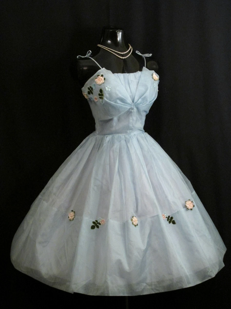 1950s prom dress ebay Vintage 1950's 50s Turquoise BLUE Teal CHIFFON Organza Party Prom DRESS Gown S/M
