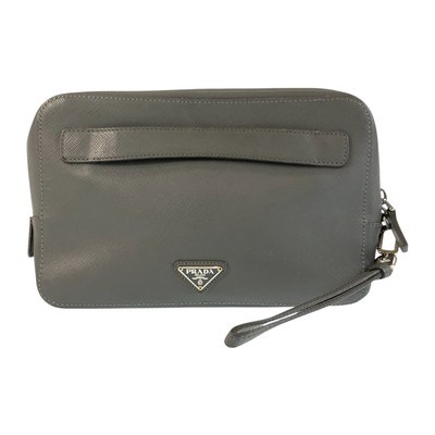 PRADA Safiano Triangle with logo Clutch bag business bag Gray SilverHardware