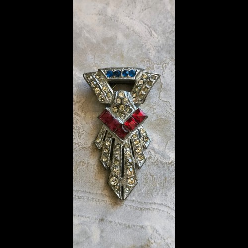 Art Deco Rhinestone Pot Metal Silver Tone Red White & Blue Patriotic Dress Clip