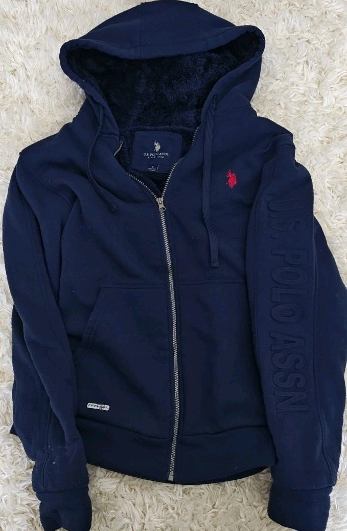 US Polo Assn Mens Navy Blue Sherpa Lined Full Zip Hoodie Embossed 3D Logo Small