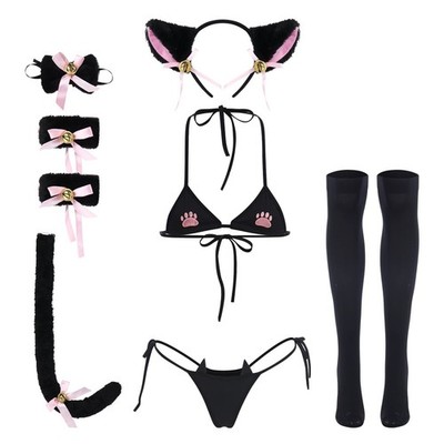 Women's Cute Anime Kawaii Cat Kitten Cosplay Strappy Lingerie Halter Micro Bi...