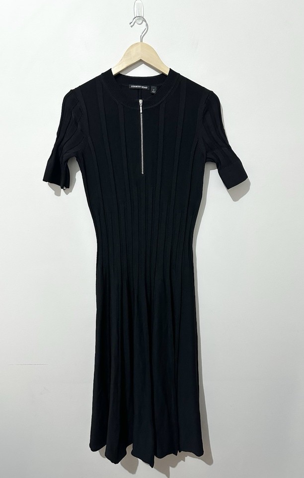 Country Road Black Milano Viscose Nylon Knit Zip Front Midi Maxi Dress Sz Medium