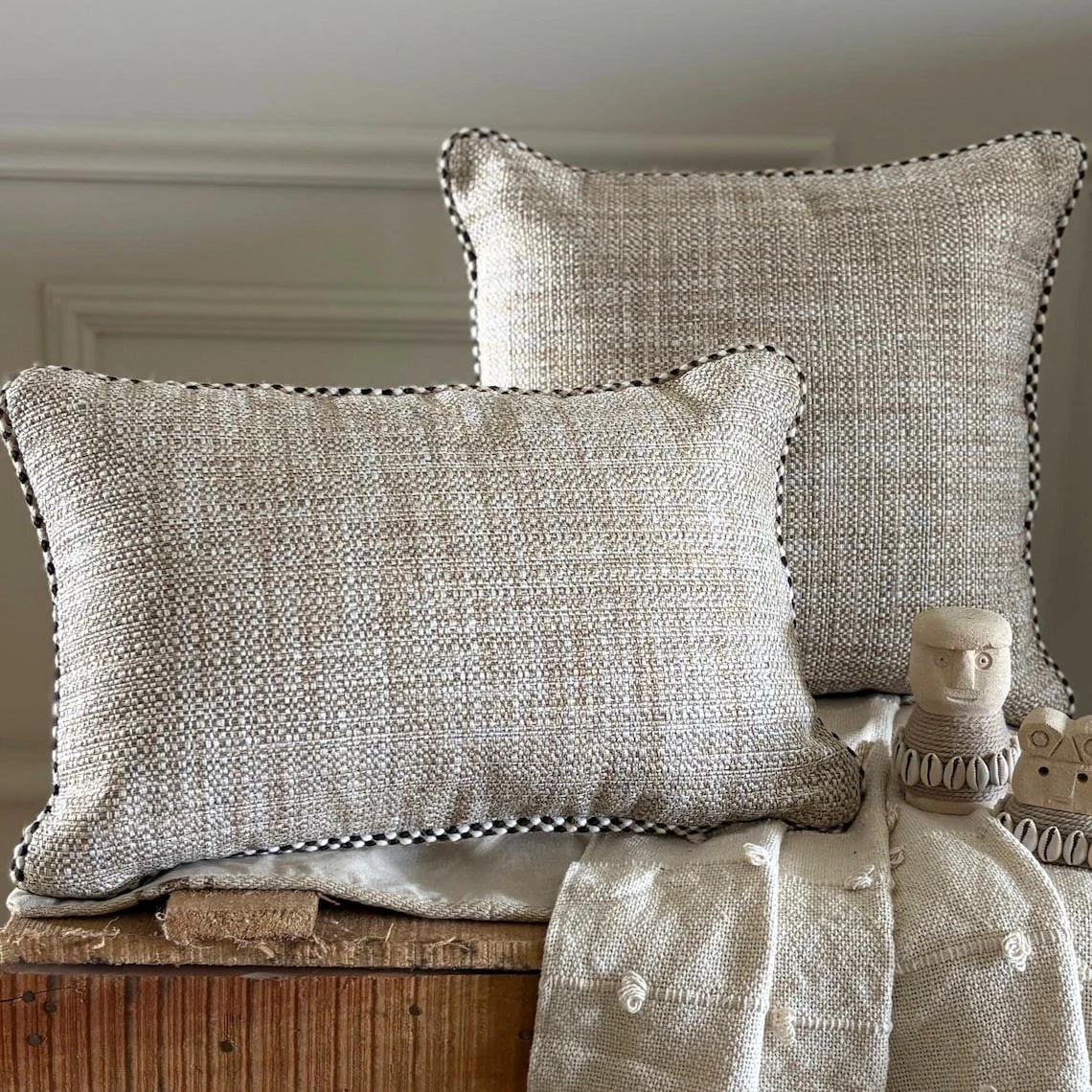 Beige Jute Lace & Moroccan Throw Pillow Cover - Jute Ready
